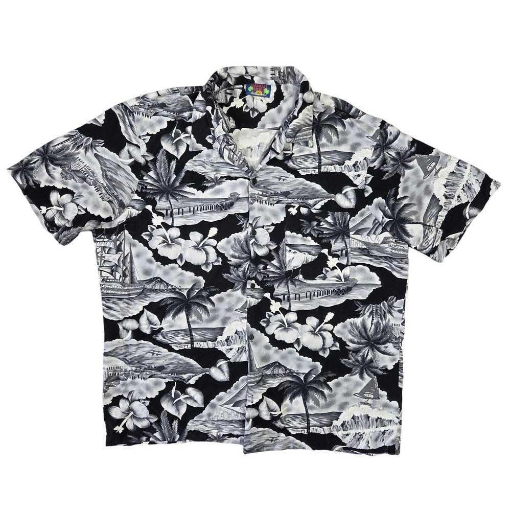 Vintage Hawaii Blues Men XL Tropical Palm Tree Rayon Shirt Resort Vacation Beach